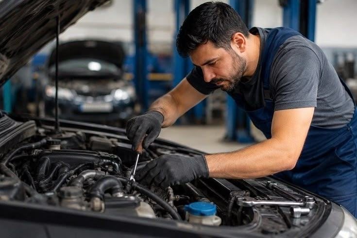 Mechanic working in an engine bay