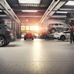 Service garage with evening light