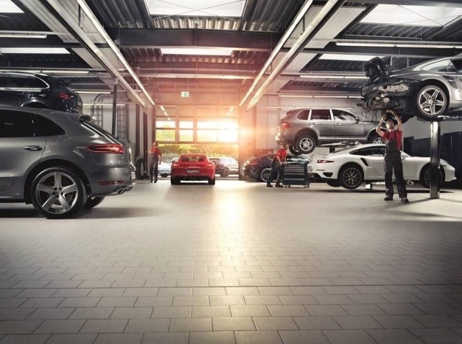 Service garage with evening light
