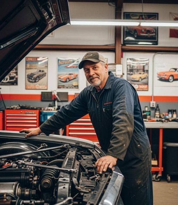 Mechanic leaning on an open engine bay in his workshop