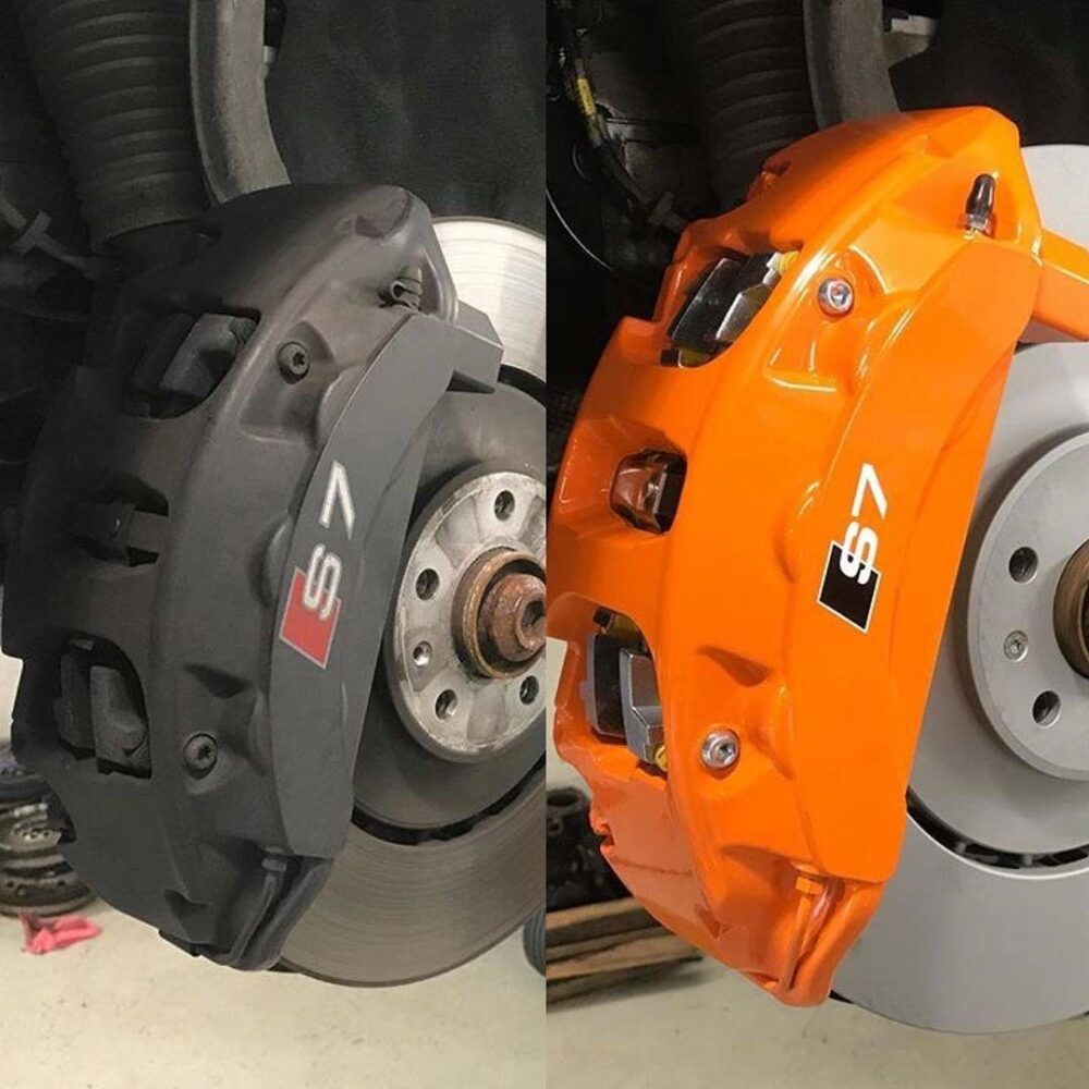 Worn grey brake caliper before, and the same caliper refinished in orange after.