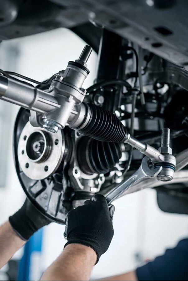 Steering rack and suspension parts on a vehicle
