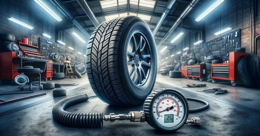 New tire and pressure gauge in the workshop