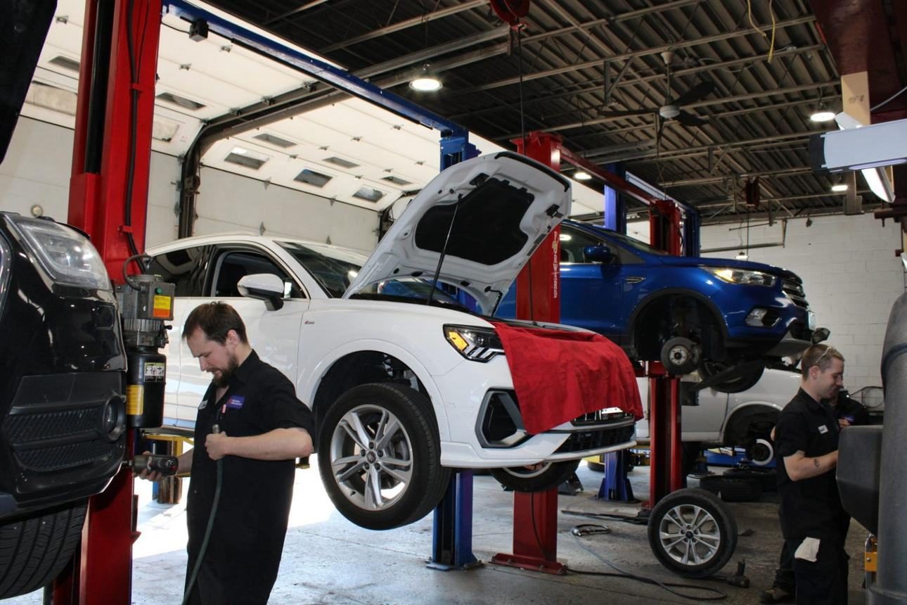 Technicians working on cars raised on lifts